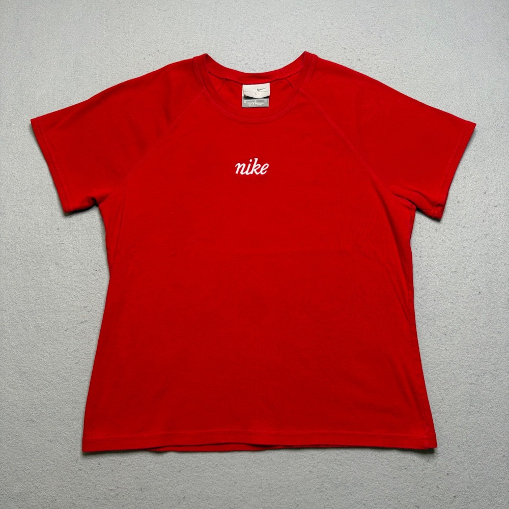 Nike T-Shirt Womens Large Red Y2K Script Logo Embroidered Raglan Short Sleeve